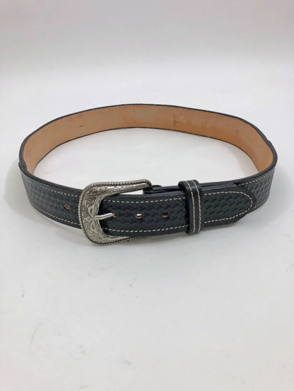 Western leather Belt Size 36 Black Leather & Tan Fur Silvertone Buckle Longhorns